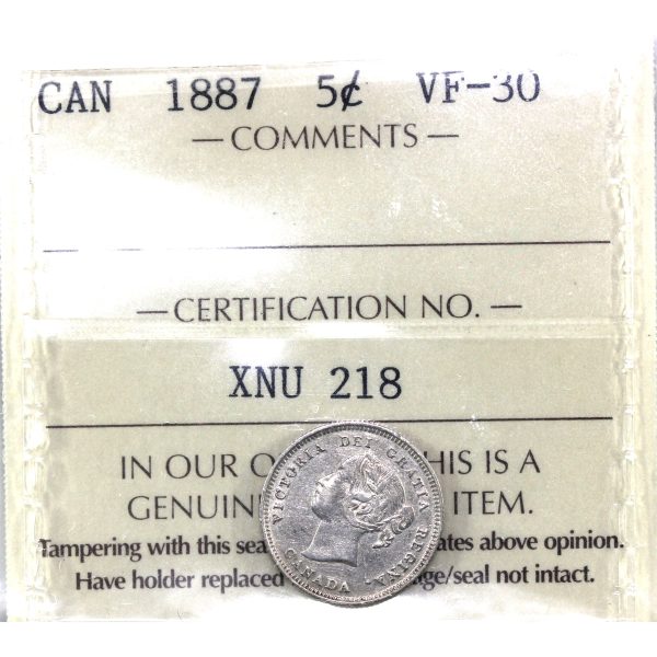 1887 Canada 5-cents ICCS Certified VF-30 (XNU 218) Online now