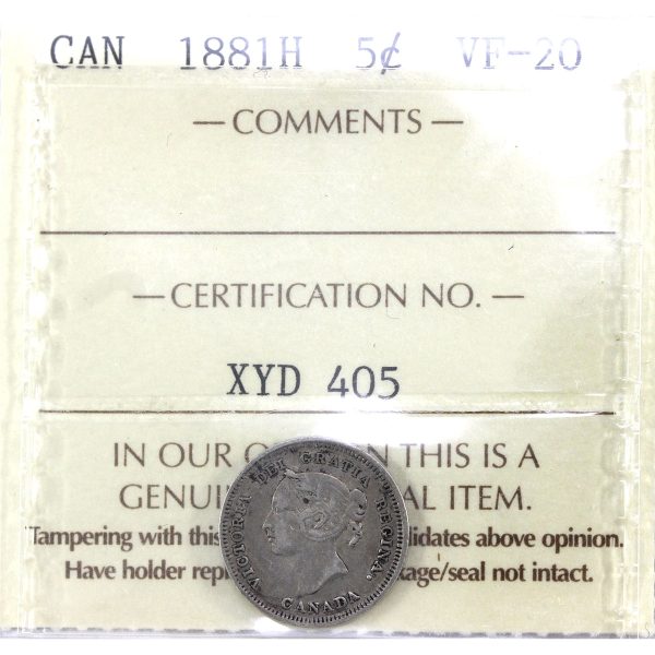 1881H Canada 5-cents ICCS Certified VF-20 Hot on Sale