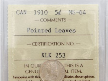 1910 Pointed Leaves Canada 5-cents ICCS Certified MS-64 (XLK 253) on Sale