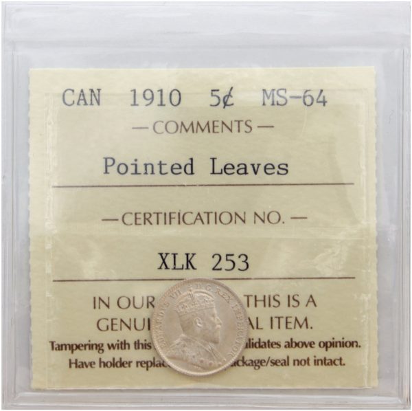 1910 Pointed Leaves Canada 5-cents ICCS Certified MS-64 (XLK 253) on Sale