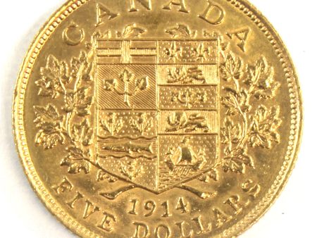 1914 Canada $5 Gold Almost Uncirculated (AU-50) For Cheap