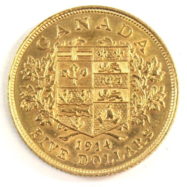 1914 Canada $5 Gold Almost Uncirculated (AU-50) For Cheap