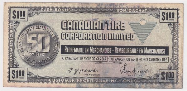 S3-F-W 1972 Canadian Tire Coupon $1.00 F-VF (Stain) on Sale