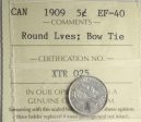 1909 Round Leaves, Bow Tie Canada 5-cents ICCS Certified EF-40 Supply