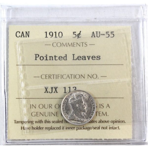 1910 Pointed Leaves Canada 5-cents ICCS Certified AU-55 on Sale