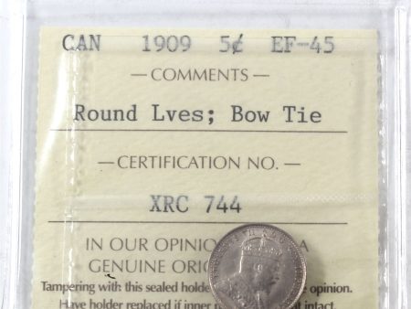 1909 Round Leaves, Bow Tie Canada 5-cents ICCS Certified EF-45 For Sale