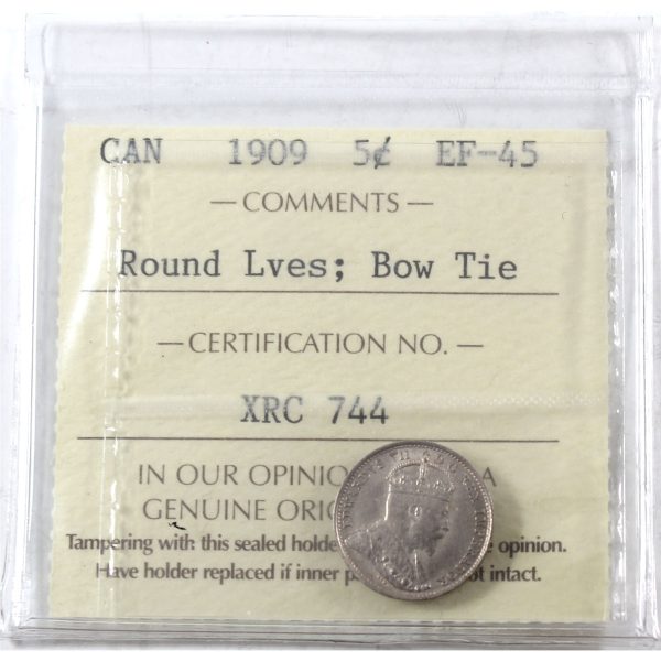 1909 Round Leaves, Bow Tie Canada 5-cents ICCS Certified EF-45 For Sale