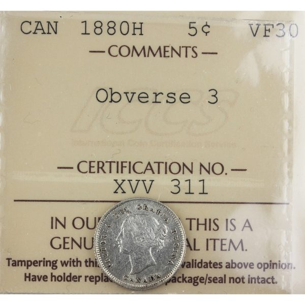 1880H Obv. 3 Canada 5-cents ICCS Certified VF-30 Online