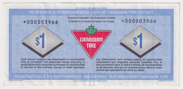 S17-Fa-*0 Replacement 1992 Canadian Tire Coupon $1.00 VF-EF Cheap