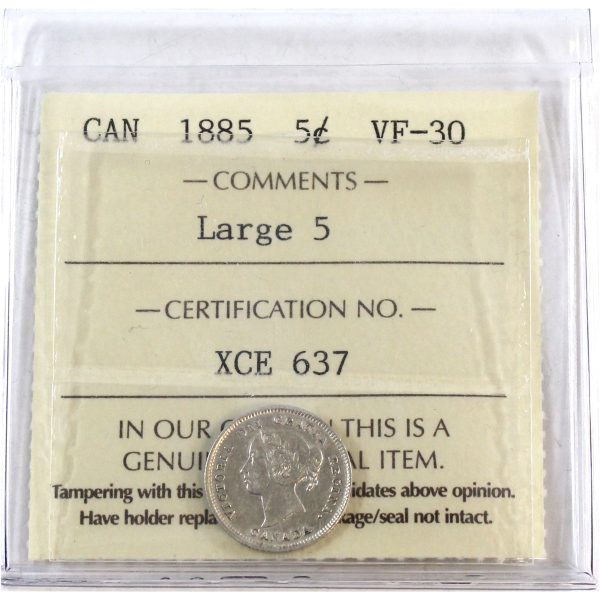 1885 Large 5 Canada 5-cents ICCS Certified VF-30 Online Hot Sale