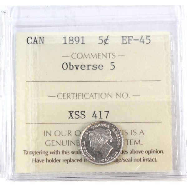 1891 Obv. 5 Canada 5-cents ICCS Certified EF-45 Online