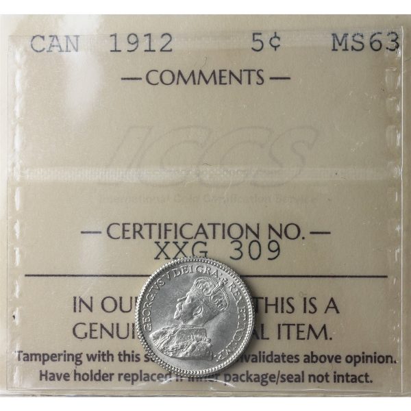 1912 Canada 5-cents ICCS Certified MS-63 (XXG 309) For Cheap