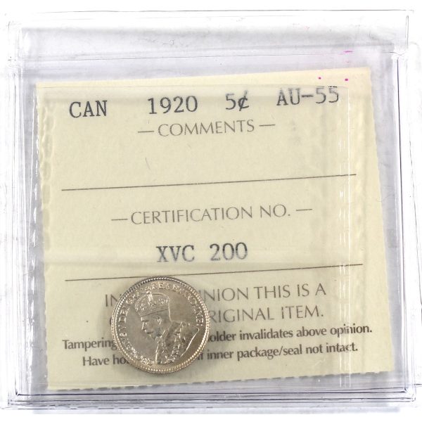 1920 Canada 5-cents ICCS Certified AU-55 Online Hot Sale