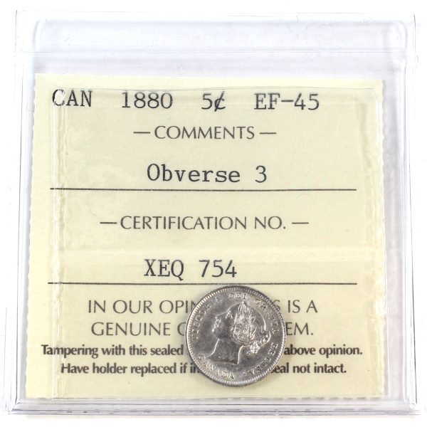 1880 Obv. 3 Canada 5-cents ICCS Certified EF-45 Fashion