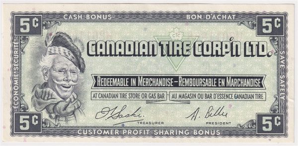 S1-B-H 1961 Canadian Tire Coupon 5 Cents Almost Uncirculated Sale