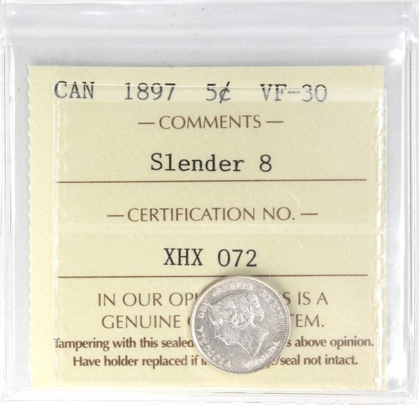 1897 Slender 8 Canada 5-cents ICCS Certified VF-30 Cheap