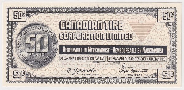 S2-E-V 1972 Canadian Tire Coupon 50 Cents Uncirculated on Sale