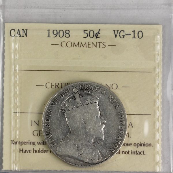 1908 Canada 50-cents ICCS Certified VG-10 For Discount