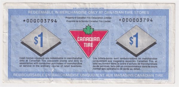 S17-Fa-*0 Replacement 1992 Canadian Tire Coupon $1.00 Fine (Tear) For Sale