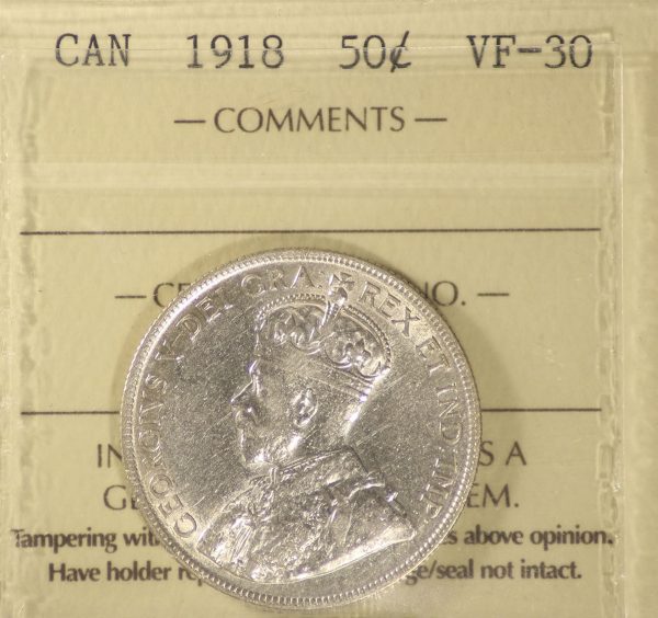 1918 Canada 50-cents ICCS Certified VF-30 Supply