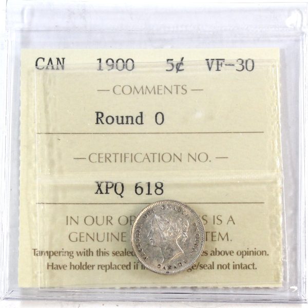 1900 Round 0 s Canada 5-cents ICCS Certified VF-30 Sale