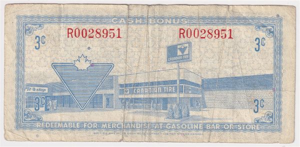 S2-A-R 1972 Canadian Tire Coupon 3 Cents F-VF (Tear) For Cheap