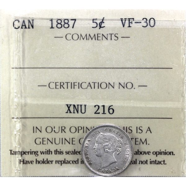 1887 Canada 5-cents ICCS Certified VF-30 (XNU 216) Online now