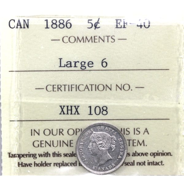 1886 Large 6 Canada 5-cents ICCS Certified EF-40 Supply