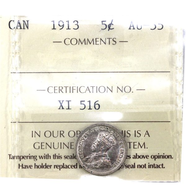 1913 Canada 5-cents ICCS Certified AU-55 Supply