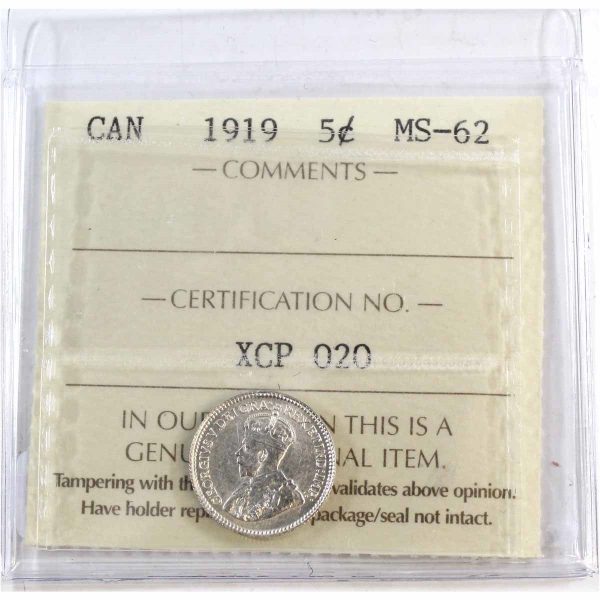 1919 Canada 5-cents ICCS Certified MS-62 (XCP 020) Online Sale