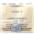 1902H Large H Canada 5-cents ICCS Certified MS-62 Supply