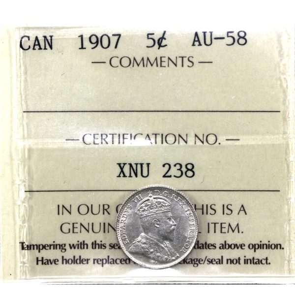 1907 Canada 5-cents ICCS Certified AU-58 Supply