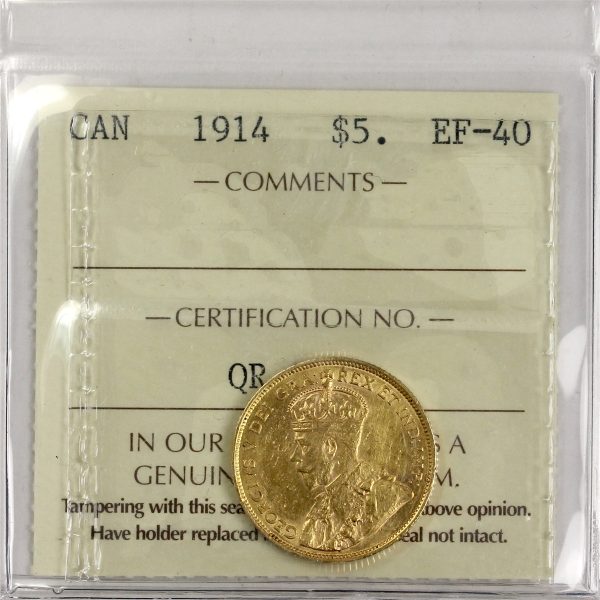 1914 Canada $5 Gold ICCS Certified EF-40 For Cheap