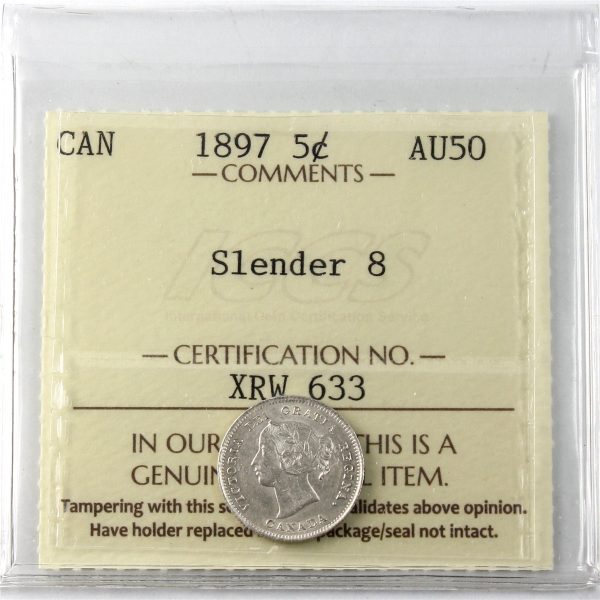 1897 Slender 8 Canada 5-cents ICCS Certified AU-50 Hot on Sale