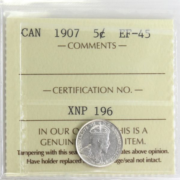 1907 Canada 5-cents ICCS Certified EF-45 For Sale