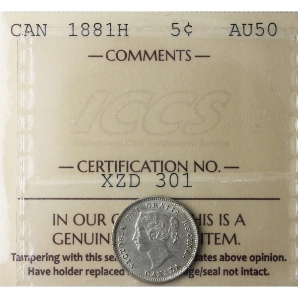 1881H Canada 5-cents ICCS Certified AU-50 Online now