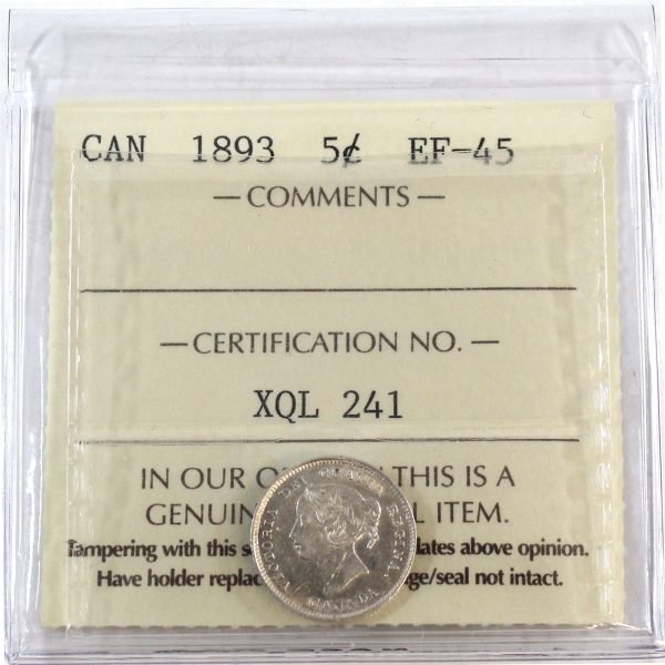 1893 Canada 5-cents ICCS Certified EF-45 Cheap