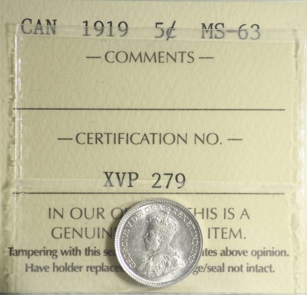 1919 Canada 5-cents ICCS Certified MS-63 For Cheap