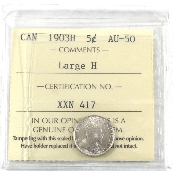 1903H Large H Canada 5-cents ICCS Certified AU-50 Sale