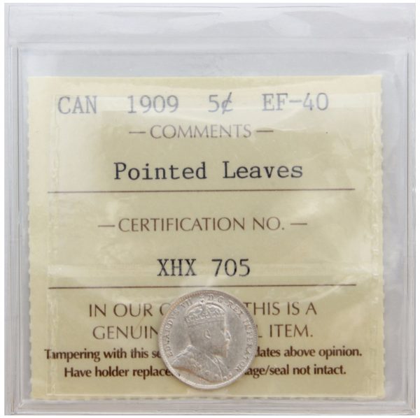 1909 Pointed Leaves Canada 5-cents ICCS Certified EF-40 For Cheap