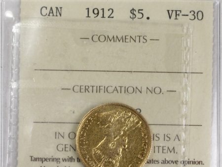 1912 Canada $5 Gold ICCS Certified VF-30 For Cheap