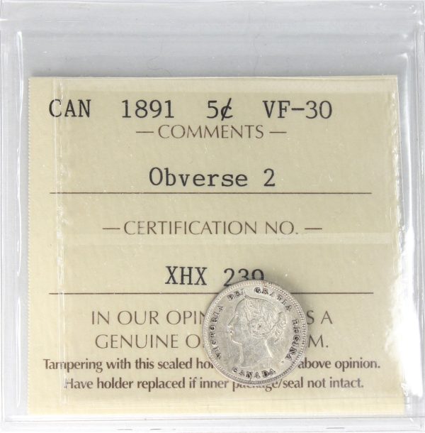 1891 Obv. 2 Canada 5-cents ICCS Certified VF-30 For Cheap