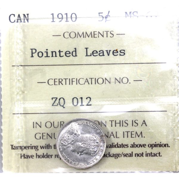 1910 Pointed Leaves Canada 5-cents ICCS Certified MS-62 on Sale