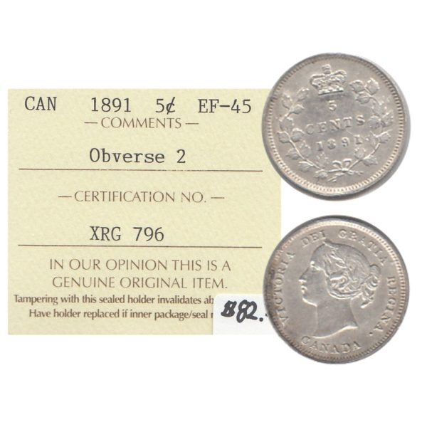 1891 Obv. 2 Canada 5-cents ICCS Certified EF-45 Hot on Sale