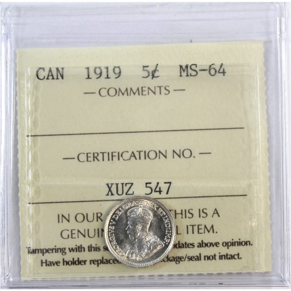 1919 Canada 5-cents ICCS Certified MS-64 Online Hot Sale