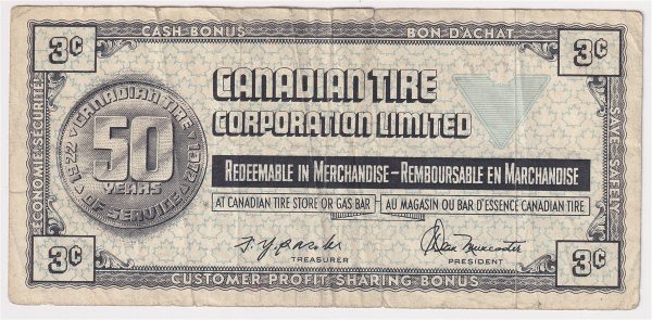 S2-A-R 1972 Canadian Tire Coupon 3 Cents F-VF (Tear) For Cheap