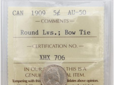 1909 Round Leaves, Bow Tie Canada 5-cents ICCS Certified AU-50 Discount