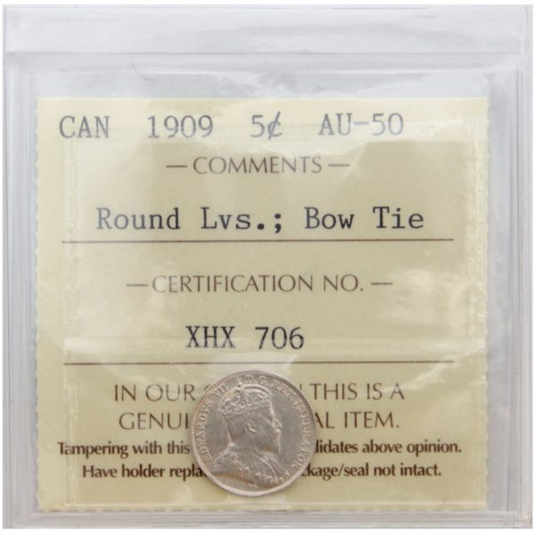 1909 Round Leaves, Bow Tie Canada 5-cents ICCS Certified AU-50 Discount