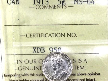 1913 Canada 5-cents ICCS Certified MS-64 (XDB 958) Cheap