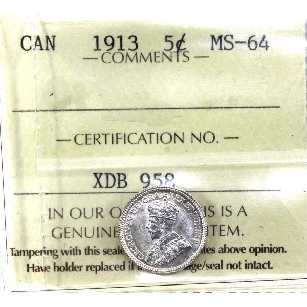 1913 Canada 5-cents ICCS Certified MS-64 (XDB 958) Cheap